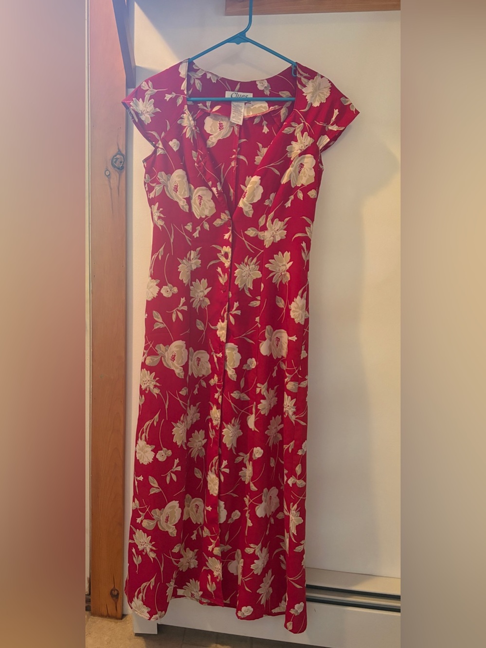 Vintage 90's Clues Collections Button-Up Maxi Dress with Red Floral Print